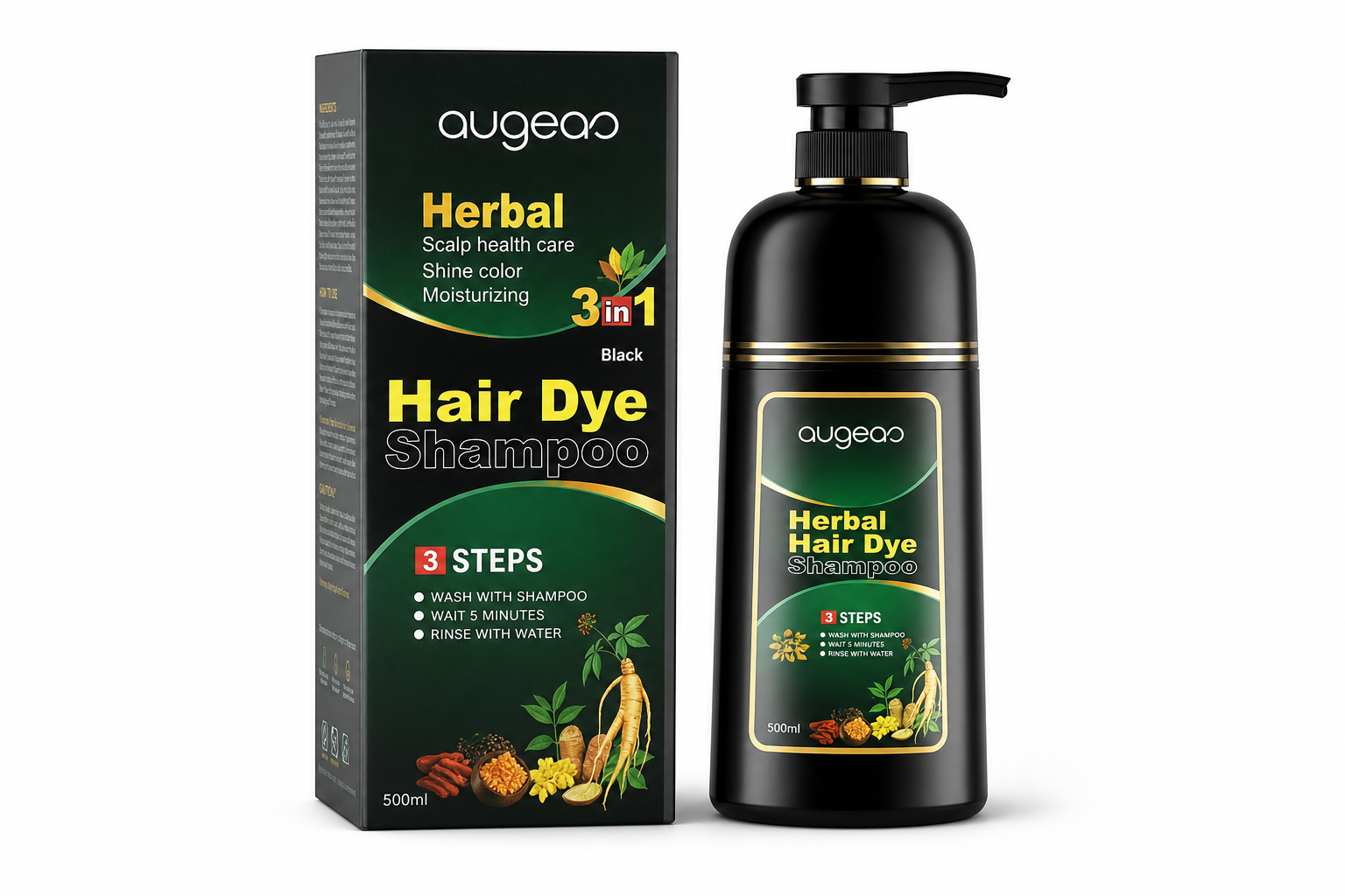 AUGEAS 500ml hair dye shampoo bottle and box